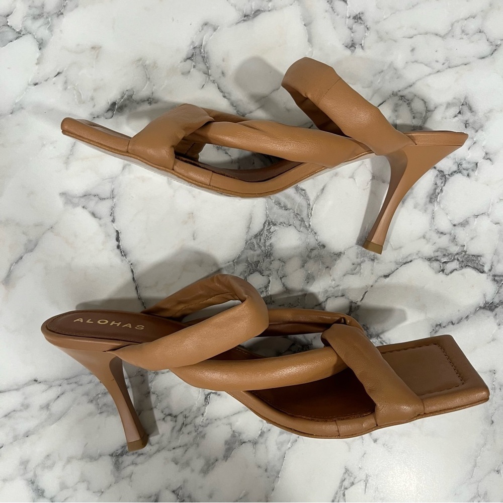 ALOHAS Amaretto mules twist strap leather heels sandals in camel brown size 10 - Picture 12 of 16